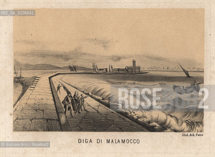 -VENEZIA, SENZA INDICAZIONE DAUTORE, DIGA DI MALAMOCCO, SENZA DATA. LITOGRAFIA INCOLLATA SU CARTONE, CM 17,8X11,5 ©ARCHIVIO Graziano Arici/Rosebud2  FOTOANTICHE.-VENICE, NO AUTHORS INDICATION, DIGA DI MALAMOCCO, UNDATED. LITHOGRAPHY MOUNTED ON CARDBOARD, CM 17,8X11,5 ©Graziano Arici/Rosebud2 