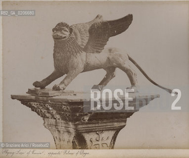 -VENEZIA, SENZA INDICAZIONE DAUTORE, FLYING LION OF VENICE-OPPOSITE PALACE OF DOGES, SENZA DATA. STAMPA ALLALBUMINA INCOLLATA SU CARTONE, CM 23,8X19 CONTENUTE ALLINTERNO DELLALBUM H.F.M.H FROM T.H.H.-IN REMEBRANCE OF A PLEASANT TOUR SEPTEMBER 22nd NOVEMBER15th 1888 DUBLINO. ©ARCHIVIO Graziano Arici/Rosebud2  FOTOANTICHE.-VENICE, NO AUTHORS INDICATION, FLYING LION OF VENICE-OPPOSITE PALACE OF DOGES, UNDATED. ALBUMEN PHOTOGRAPH MOUNTED ON CARDBOARD, CM 23,8X19 ©Graziano Arici/Rosebud2 