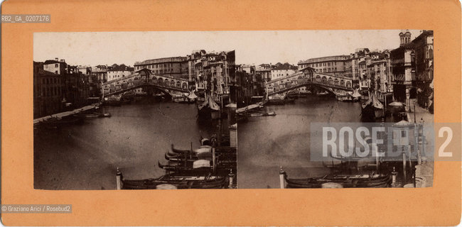 -VENEZIA, SENZA INDICAZIONE DAUTORE, CANAL GRANDE E PONTE DI RIALTO, 1865 C.A. POSITIVO ALLALBUMINA MONTATO SU CARTONE, FOTOGRAFIA STEREOSCOPICA, CM 17,4X8,7  ©ARCHIVIO Graziano Arici/Rosebud2  FOTOANTICHE.-VENICE, NO AUTHORS INDICATION, CANAL GRANDE E PONTE DI RIALTO, 1865 C.A. ALBUMEN POSITIVE MOUNTED ON CARDBOARD, STEREOSCOPICAL PHOTOGRAPH CM 17,4X8,7 ©Graziano Arici / rosebud2 .