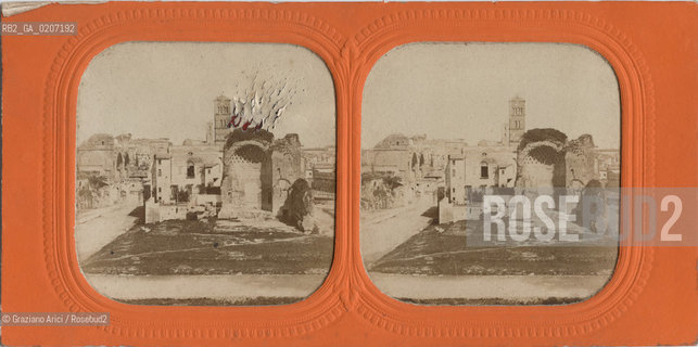 -ROMA, SENZA INDICAZIONE DAUTORE, ROVINE DEL FORO ROMANO CON FUOCO VISIBILE DURANTE LA VISIONE NOTTE, SENZA DATA. POSITIVO ALLALBUMINA MONTATO SU CARTONE, FOTOGRAFIA DIAFANOSTEREOSCOPICA, CM 17,4X8,5  ©ARCHIVIO Graziano Arici/Rosebud2  FOTOANTICHE.-ROME, NO AUTHORS INDICATION, RUINS OF FORO ROMANO WITH FIRE VISIBLE DURING NIGHT VISION, UNDATED. ALBUMEN POSITIVE MOUNTED ON CARDBOARD, DIAFANOSTEREOSCOPICAL PHOTOGRAPH CM 17,4X8,5 ©Graziano Arici / rosebud2