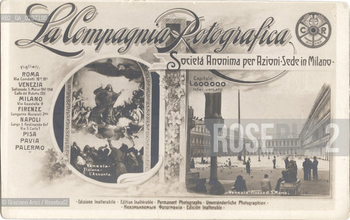 -VENEZIA, SENZA INDICAZIONE DAUTORE, BIGLIETTO DA VISITA DELLA COMPAGNIA ROTOGRAFICA SUCCURSALE DI VENEZIA S. MOISE 1347-48, SENZA DATA. STAMPA, CM 14,3X8,9 ©ARCHIVIO Graziano Arici/Rosebud2  LASSUNTA DI TIZIANO VECELLIO E PIAZZA S. MARCO, FOTOANTICHE.-VENICE, NO AUTHORS INDICATION, VISITING CARD  OF THE COMPAGNIA ROTOGRAFICA SUCCURSALE DI VENEZIA S. MOISE 1347-48, UNDATED. PRINT, CM 14,3X8,9 ©Graziano Arici / rosebud2 .