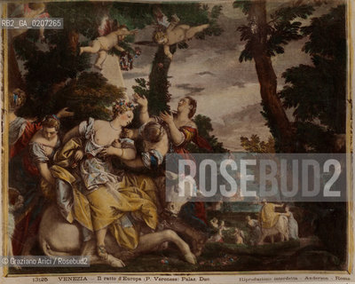 -VENEZIA, ANDERSON, IL RATTO DEUROPA DI PAOLO VERONESE, SENZA DATA. STAMPA ALLALBUMINA COLORATA A MANO INCOLLATA SU CARTONE, CM 24,6X20,2 CONTENUTE ALLINTERNO DELLALBUM H.F.M.H FROM T.H.H.-IN REMEBRANCE OF A PLEASANT TOUR SEPTEMBER 22nd NOVEMBER15th 1888 DUBLINO. ©ARCHIVIO Graziano Arici/Rosebud2  QUADRO FOTOANTICHE.-VENICE, ANDERSON, IL RATTO DEUROPA DI PAOLO VERONESE, UNDATED. ALBUMEN PHOTOGRAPH HAND COLOURED MOUNTED ON CARDBOARD, CM 24,6X20,2 ©Graziano Arici / rosebud2