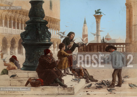 -VENEZIA, SENZA INDICAZIONE DAUTORE, QUADRO DI PAOLETTI, BAMBINI E PICCIONI, SENZA DATA. STAMPA ALLALBUMINA COLORATA A MANO INCOLLATA SU CARTONE, CM 25X18  ©ARCHIVIO Graziano Arici/Rosebud2  FOTOANTICHE.-VENICE, NO AUTHORS INDICATION, QUADRO DI PAOLETTI, BAMBINI E PICCIONI, UNDATED. ALBUMEN PHOTOGRAPH HAND COLOURED MOUNTED ON CARDBOARD, CM 25X18 ©Graziano Arici/Rosebud2 