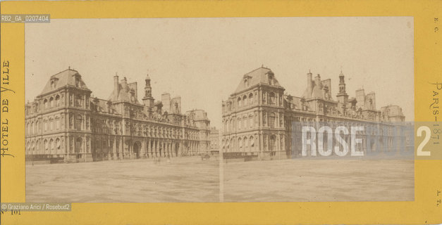 -PARIGI, SENZA INDICAZIONE DAUTORE, HOTEL DE VILLE, 1871. STAMPA ALLALBUMINA INCOLLATA SU CARTONE, FOTOGRAFIA STEREOSCOPICA, CM 17,5X6,9  ©ARCHIVIO Graziano Arici/Rosebud2  COMUNE DI PARIGI FOTOANTICHE.-PARIS, NO AUTHORS INDICATION, HOTEL DE VILLE, 1871. ALBUMEN PHOTOGRAPH MOUNTED ON CARDBOARD, STEREOSCOPICAL PHOTOGRAPH, CM 17,5X6,9 ©Graziano Arici/Rosebud2 