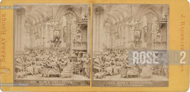 -PARIGI, JULES RAUDNITZ EDITEUR,  PARIS UNDER THE COMMUNE - CES DAMES SEXPLIQUENT - CLUB DE LA FRATERNITE -  LE SABBAT ROUGE, 1871. STAMPA ALLALBUMINA INCOLLATA SU CARTONE, FOTOGRAFIA STEREOSCOPICA,  FOTOMONTAGGIO, FIGURINE MODELLATE SU FONDALE DIPINTO, CM 17,3X8,4  ©ARCHIVIO Graziano Arici/Rosebud2   PARIGI SOTTO LA COMUNE, FOTOANTICHE.-PARIS, JULES RAUDNITZ EDITEUR, CES DAMES SEXPLIQUENT - CLUB DE LA FRATERNITE -  LE SABBAT ROUGE, 1871. ALBUMEN PHOTOGRAPH MOUNTED ON CARDBOARD, STEREOSCOPICAL PHOTOGRAPH, FOTO MONTAGE, FIGURINES MODELLED ON PAINTED BACK-END  CM 17,3X8,4 ©Graziano Arici / rosebud2