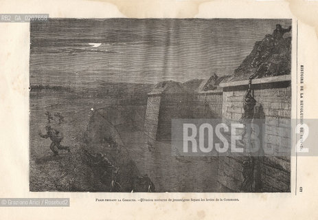 -SENZA INDICAZIONE DAUTORE, STAMPA CONTENUTA NELLA RIVISTA HISTORIE DE LA REVOLUTION DE 1970/71, PARIS PENDANT LA COMMUNE - EVASION NOCTURNE DE JEUNES GENS FUYANT LES LEVEES DE LA COMMUNE, PAGINA 637,  PARIGI DURANTE LA COMUNE, EVSIONE DI GIOVANI, CM 28,2X19,2   ©ARCHIVIO Graziano Arici/Rosebud2  COMUNE DI PARIGI  FOTOANTICHE.-NO AUTHORS INDICATION, PRINT FROM THE MAGAZINE HISTORIE DE LA REVOLUTION DE 1970/71 PARIS PENDANT LA COMMUNE - EVASION NOCTURNE DE JEUNES GENS FUYANT LES LEVEES DE LA COMMUNE, PAGE 637, PARIS DURING THE COMMUNE CM 28,2X19,2 ©Graziano Arici / rosebud2