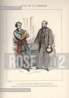 DAL LIBRO/FROM THE BOOK LES COMMUNEX 1871 - TYPES, CARACTERES, COSTUMES:.TYPES DE LA COMMUNE, LE CITOYEN PROTOT, MINISTRE DE LA JUSTICE-M.ROUSSE, BATONNIER DE LORDRE DES AVOCATES, VIENT DEMANDER A DEFENDRE LARCHEVEQUE ET M.CHAUDEY (11).-STAMPA COLORATA A MANO DAL LIBRO: BERTAL, LES COMMUNEX 1871 - TYPES, CARACTERES, COSTUMES, PARIGI, TROISIME EDITION E. PLON IMPRIMEURS EDITEURS. 1880, CM 25X32 N° PAGINE 40, LIBRO CON ILLUSTRAZIONI,  ©ARCHIVIO Graziano Arici/Rosebud2  COMUNE DI PARIGI  FOTOANTICHE.-HAND COLORED PRINT FROM THE BOOK: BERTAL, LES COMMUNEX 1871 - TYPES, CARACTERES, COSTUMES, PARIS, TROISIME EDITION E. PLON IMPRIMEURS EDITEURS. 1880. CM 25X32 N° PAGES 40, BOOK WITH ILLUSTRATIONS ©Graziano Arici / rosebud2