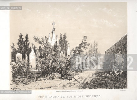 -PARIGI, VERON - ASSOCIATION DOUVRIERS LITHOGRAPHES, SCHMIT & C.IE QUAI VALMY 21 -  SIMEON LITH. - DUVAL EDITEUR, PERE - LACHAISE FUITE DES FEDERES, 1871. LITOGRAFIA CONTENUTA NELLALBUM PARIS EN 1871 CM 33X25 ©ARCHIVIO Graziano Arici/Rosebud2    ROVINE, COMUNE  DI PARIGI FOTOANTICHE.-PARIS, VERON - ASSOCIATION DOUVRIERS LITHOGRAPHES, SCHMIT & C.IE QUAI VALMY 21 -  SIMEON LITH. - DUVAL EDITEUR, RUE DE LA ROQUETTE, 1871. LITOGRAPHY, CM 33X25 ©Graziano Arici / rosebud2