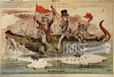 -KEPPLER.  MAYER, MERKEL E OTTMAN LITHOGRAPHERS, COM PACIFIC ZUR ATLANTIS, SENZA DATA. STAMPA COLORATA TRATTA DAL GIORNALE DI LINGUA TEDESCA PUCK CM 55X33 ©ARCHIVIO Graziano Arici/Rosebud2  COMUNE DI PARIGI, GIORNALE TEDESCO PROBABILMENTE PER EMIGRATI NEGLI STATI UNITI,  FOTOANTICHE.-KEPPLER.  MAYER, MERKEL E OTTMAN LITHOGRAPHERS, COM PACIFIC ZUR ATLANTIS, UNDATED. COLORED PRINT FROM THE NEWSPAPER IN DEUTSCHE LANGUAGE PUCK CM 55X33 ©Graziano Arici/Rosebud2 