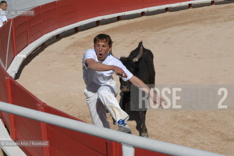 ARLES (FRANCE, PROVENCE) 1 MAY 2008 - 1 MAY HOLIDAY - FETE DES GARDIANS - HOLIDAY OF THE CAMARGUE CATTLE FARMER AND ELECTION OF ARLES QUEEN ROMAN ARENA ©Graziano Arici/Rosebud2 CAVALLO FESTA DEI GARDIANS COSTUME MAGGIO GIOIELLO PROVENZA CAPPELLO BAMBINO COURSE CAMARGUESE TORO GEO