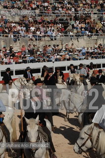 ARLES (FRANCE, PROVENCE) 1 MAY 2008 - 1 MAY HOLIDAY - FETE DES GARDIANS - HOLIDAY OF THE CAMARGUE CATTLE FARMER AND ELECTION OF ARLES QUEEN ROMAN ARENA ©Graziano Arici/Rosebud2 CAVALLO FESTA DEI GARDIANS COSTUME MAGGIO GIOIELLO PROVENZA CAPPELLO BAMBINO COURSE CAMARGUESE TORO GEO