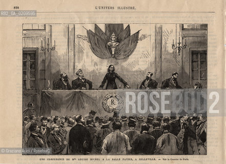 DALLA RIVISTA: L’UNIVERS ILLUSTRE’.-PARIGI, SENZA INDICAZIONE DAUTORE, UNE CONFERENCE DE LOUISE MICHEL A LA SALLE FAVIER A BELLEVILLE, SENZA DATA. STAMPA CM 28X20,5  ©ARCHIVIO Graziano Arici/Rosebud2  LA COMUNE DI PARIGI,  FOTOANTICHE.-PARIS, NO AUTHORS INDICATION, UNE CONFERENCE DE LOUISE MICHEL A LA SALLE FAVIER A BELLEVILLE, UNDATED. PRINT CM 28X20,5  ©Graziano Arici / rosebud2