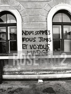 TRIESTE, OSPEDALE PSICHIATRICO, SCRITTE DEL GRUPPO MARGE DURANTE IL CONVEGNO  © 1977 Graziano Arici/Rosebud2 MAS.