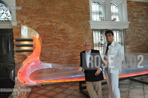 VENICE 21/06/09 - THE FASHION DESIGNER PIERRE CARDIN AND HIS NEPHEW RODRIGO BASILICATI IN HIS PALACE IN VENICE CA BRAGADIN, HERE WITH HIS PLASTIC GONDOLA  : THE PALACE IN THE 18TH CENTURY WAS THE PALACE WHERE LIVED THE WELL KNOWN LIBERTINE GIACOMO CASANOVA  ©Graziano Arici/Rosebud2 MODA STILISTA