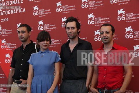Italy, Venice - September 06th, 2009.66th VENICE INTERNATIONAL FILM FESTIVAL - FILM: DAIMON, COCK-CROW. THE DIRECTORS (CENTER) DAVID ZAMAGNI  AND NADIA RANOCCHI WITH THE ACTOR MONALDO MORETTI (LEFT)  AND THE COMPOSER FRANCESCO FRUZZ BRASINI.