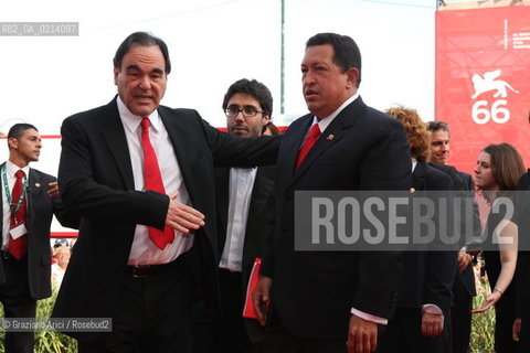Italy, Venice - September 06th, 2009.66th VENICE INTERNATIONAL FILM FESTIVAL - RED CARPET FILM: SOUTH OF THE BORDER. THE DIRECTOR OLIVER STONE WITH THE VENEZUELAS PRESIDENT UGO CHAVEZ
