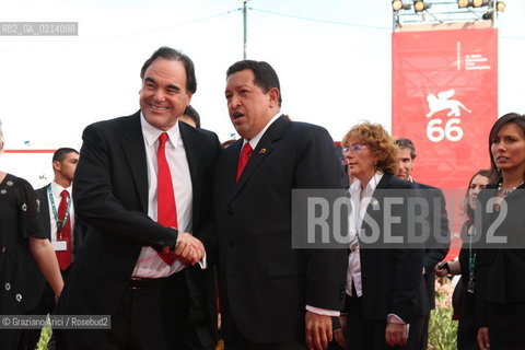 Italy, Venice - September 06th, 2009.66th VENICE INTERNATIONAL FILM FESTIVAL - RED CARPET FILM: SOUTH OF THE BORDER. THE DIRECTOR OLIVER STONE WITH THE VENEZUELAS PRESIDENT UGO CHAVEZ