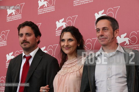 67th Venice International Film Festival - Venice September 5, 2010 - Photocall of the film Post Mortem - The director Pablo Larrain (left), Alfredo Castro actor, Antonia Zegers actress
