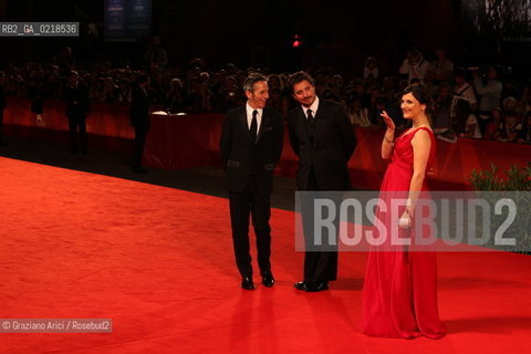 67th Venice International Film Festival - Venice September 5, 2010 - Red Carpet of the film Post Mortem - The director Pablo Larrain (center), Alfredo Castro actor, Antonia Zegers