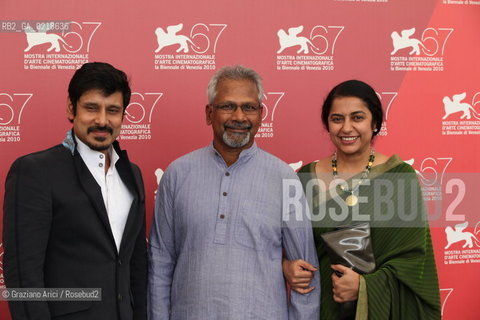 67th Venice International Film Festival - Venice September 5, 2010 - Photocall of the film Raavanan - The director Mani Ratnam with the wife Suashini and the actor Vikram