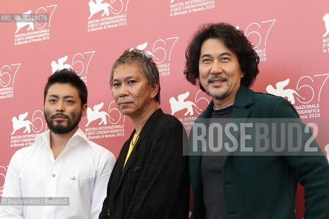 67th Venice International Film Festival - Venice September 9, 2010 - Photocall of the film Jusan-Nin No Shikaku (13 assassins) - The director Takashi Miike (center), actors Koji Yakusho (left), Takayuki Yamada (right)