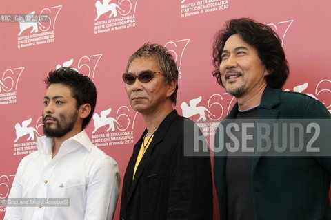 67th Venice International Film Festival - Venice September 9, 2010 - Photocall of the film Jusan-Nin No Shikaku (13 assassins) - The director Takashi Miike (center), actors Koji Yakusho (left), Takayuki Yamada (right)