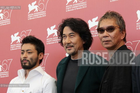 67th Venice International Film Festival - Venice September 9, 2010 - Photocall of the film Jusan-Nin No Shikaku (13 assassins) - The director Takashi Miike (center), actors Koji Yakusho (left), Takayuki Yamada (right)