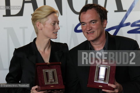 67th Venice International Film Festival - Venice September 9, 2010 - Director Quentin Tarantino and actress Tilda Swinton receive the prize Nastro dArgento