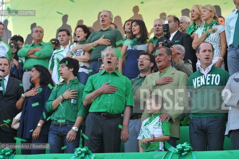 Venice 12/09/10 - Festa dei popoli Padani : The Minister and Lega Nord President Umberto Bossi, his son, Renzo, Luca Zaia and Roberto Calderoli  durin the Cerimony of  Po River pouring fiume @ Graziano Arici