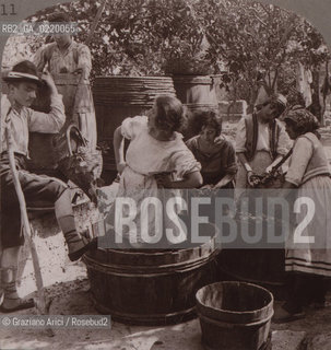 Naples, fine 1800?.Scena di vendemmia nei vigneti nei pressi del Vesuvio.Harvest scene in a Vesuvius vineyard, treading out grapes to make the renowned lacrymae Christi wine. Vendemmia, vino, Vesuvio,vigneto - La cessione dei diritti si intende per quanto di nostra competenza; non comprende invece le eventuali spese relative a diritti che potranno essere richiesti dagli Enti cui appartengono le opere riprese. Tali costi, ove neccessari, e l’espletamento di qualsivoglia pratica di richiesta permessi sono esclusivamente  a  carico del committente. © ARCHIVIO Graziano Arici/Rosebud2 