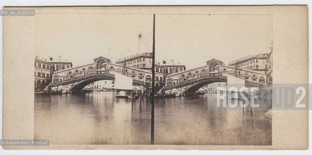 -VENEZIA, SENZA INDICAZIONE DELLAUTORE, PONTE DI RIALTO, SENZA DATA. POSITIVO ALLALBUMINA MONTATO SU CARTONE, FOTOGRAFIA STEREOSCOPICA, CM 17,4X8,4. RIALTO, PONTE, STEREOSCOPICA FOTOANTICHE.-VENICE,NO AUTHORS INDICATION, PONTE DI RIALTO, UNDATED. ALBUMEN POSITIVE MOUNTED ON CARDBOARD, STEREOSCOPICAL PHOTOGRAPH CM 17,4X8,4 © ARCHIVIO Graziano Arici/Rosebud2 