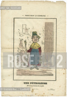 - UNE PETROLEUSE, UNINCENDIARIA,CARICATURE, PARIGI, SENZA DATA. STAMPA COLORATA A MANO CM 28X40.COMUNE DI PARIGI, FOTOANTICHE,CARICATURA .-FEMALE FIRE-RAISER DURING THE COMMUNE, CARICATURES, PARIS, UNDATED.  HAND COLORED PRINT CM 28X40 © ARCHIVIO Graziano Arici/Rosebud2 