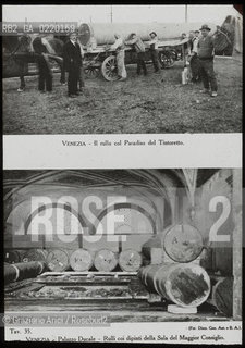 -VENEZIA, SENZA INDICAZIONE DELLAUTORE. RULLI CON I DIPINTI DEL TINTORETTO E DELLA SALA DEL MAGGIOR CONSIGLIO, SENZA DATA. LASTRA  IN VETRO PER LANTERNA MAGICA, CM 10X8. ARTE, PITTURA, PALAZZO DUCALE, TINTORETTO, FOTOANTICHE .-VENICE, NO AUTHORS INDICATION. ROLLS WITH THE PICTURES OF TINTORETTO , UNDATED. GLASS SLIDE FOR MAGIC LANTERN, CM 10X8. ART, PICTURE, TINTORETTO, DOGES PALACE © ARCHIVIO Graziano Arici/Rosebud2 