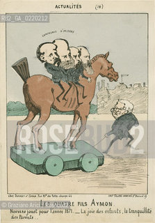 COMUNE DI PARIGI,DEFORET ET CESAR AUTORE, LES QUATRE FILS AYMON. NOUVEAU JOUET POUR LANNEE 1871, CARICATURE, PARIGI, 1871. STAMPA COLORATA A MANO CM 21X28,5. CARICATURA, COMUNE DI PARIGI, FOTOANTICHE .-AUTHOR DEFORET ET CESAR LES QUATRE FILS AYMON. NOUVEAU JOUET POUR LANNEE 1871, CARICATURES, PARIS, 1871.  HAND COLORED PRINT CM 21X28,5 © ARCHIVIO Graziano Arici/Rosebud2 