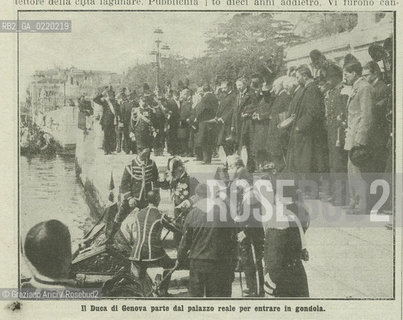 VENICE, MAY 1912. FOTOSERVIZIO DALLE PAGINE DELLA LA DOMENICA DEL CORRIERE :INAUGURAZIONE CAMPANILE SAN MARCO DOPO LA RICOSTRUZIONE. IL DUCA DI GENOVA MENTRE SALE IN GONDOLA .REPORTAGE FROM  LA DOMENICA DEL CORRIERE: INAUGURATION OF THE CAMPANILE AFTER THE RECONSTRUCTION. THE DOGE OF GENOVA  La cessione dei diritti si intende per quanto di nostra competenza; non comprende invece le eventuali spese relative a diritti che potranno essere richiesti dagli Enti cui appartengono le opere riprese. Tali costi, ove neccessari, e l’espletamento di qualsivoglia pratica di richiesta permessi sono esclusivamente  a  carico del committente. © ARCHIVIO Graziano Arici/Rosebud2 
