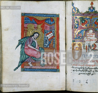 - Isola di San Lazzaro degli Armeni,Venezia 1990.Pagina miniata dei Vangeli del 1744 che si trovano nella biblioteca del monastero. Lisola di San Lazzaro degli Armeni abbandonata nel XVI, nel 1717 fu donata dalla Repubblica di Venezia a un gruppo di monaci armeni fuggiti dalle persecuzioni turche, i quali restaurarono la chiesa e costruirono un monastero.GEO armeni monastero biblioteca vangeli miniature religione .- Saint Lazarus Island, Venice,1990.Illuminated page of the Gospel 1744. The small island is one of worlds foremost centers of Armenian culture,it is completely occupied by a monastery ©Graziano Arici/Rosebud2