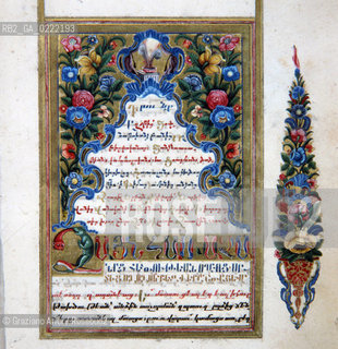 - Isola di San Lazzaro degli Armeni,Venezia,1990.Evengeli dellanno 862 che si trovano nella biblioteca del monastero. Lisola di San Lazzaro degli Armeni abbandonata nel XVI, nel 1717 fu donata dalla Repubblica di Venezia a un gruppo di monaci armeni fuggiti dalle persecuzioni turche, i quali restaurarono la chiesa e costruirono un monastero.GEO armeni monastero biblioteca vangeli miniature religione libro.- Saint Lazarus Island, Venice,1990.Gospel of the 862 year. The small island is one of worlds foremost centers of Armenian culture,it is completely occupied by a monastery ©Graziano Arici/Rosebud2