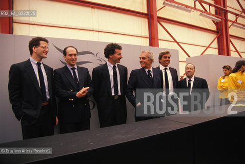 Venezia,1990.Festa Il Moro di Venezia. Il presidente della Montedison Raul Gardini tra Italo Trapasso,Paul Pierre Cayard, German Frers. Politica manager ritratto.Venice,1990.Party The Moro of Venice.The Montedison President Raul Gardini between Italo Trapasso,lo skipper Paul Pierre Cayard e German Frers ©Graziano Arici/Rosebud2