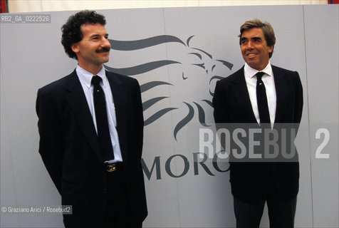 Venezia,1990.Competizione internazionale Americàs cup.FestaIl Moro di Venezia. Lo skipper Paul Pierre Cayard e il disegnatore e progettista German Frers. Sport competizione moro skipper .Venice,1990.Party The Moro of Venice.The skipper Paul Pierre Cayard and the designer and project manager German Frers   ©Graziano Arici/Rosebud2