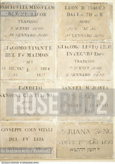 Caption: Nome:..SINAGOGA DELLA SANTA COMUNITÀ CANTON : LAPIDI COMMEMORATIVE DI MEMBRI DELLA COMUNITA CANTON  ....Localizzazione:..VENEZIA / CANNAREGIO / CAMPO DEL GHETTO NOVO SINAGOGA DELLA SANTA COMUNITÀ CANTON / SCUOLA CANTON  ..VENICE / CANNAREGIO / CAMPO GHETTO NOVO  SYNAGOGUE OF THE SACRED COMMUNITY OF CANTON  / SCUOLA CANTON   ..Soggetto:..LAPIDI COMMEMORATIVE DI MEMBRI DELLA COMUNITA CANTON  ..MEMORIAL SLABS COMMEMORATING MEMBERS OF THE BROTHERHOOD OF CANTON  ..Cronologia:..SEC. XIX  ..XIXth CENTURY  ..Autore:......Stile:..BAROCCO  ..BAROQUE   ..Editori Stampatori:......Committenza:..EBREI DI ORIGINE PROVENZALE DI RITO ASHKENAZITA  ..FRENCH ASHKENAZI JEWS   ..Materia e Tecnica:..MARMO  ..MARBLE  ..Collocazione:......Note:......Riproduzione Fotografica:..Graziano Arici/Rosebud2  ....Copyright:..Graziano Arici/Rosebud2/  ....Data:..1994....Costo:..A....Key:..CHIESA   ..CHURCH