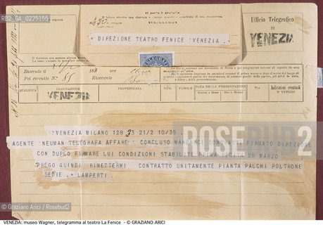 Localizzazione:..VENEZIA / CANNAREGIO..Oggetto:..Soggetto:..CA VENDRAMIN CALERGI / MUSEO RICHARD WAGNER / TELEGRAMMA DELL AGENTE NEUMAN AL TEATRO LA FENICE DEL 1833 / CONFERMA DI CONTRATTO PER LA RAPPRESENTAZIONE DI UN OPERA..Cronologia: ....Definizione Culturale:..   Autore: ....   Stile:....   Editori/Stampatori:..   Committenza:..Materia e Tecnica:..Collocazione:..Note:..MONUMENTALE..Riproduzione Fotografica:..Graziano Arici/Rosebud2 .Copyright:..Graziano Arici/Rosebud2 .Data:..1990..Costo:..A..La cessione dei diritti di questa immagine si intende per quanto di nostra competenza. Non comprende invece le eventuali spese  relative a diritti che potranno essere richiesti dagli Enti o persone fisiche cui appartengono eventualmente i soggetti  ripresi. Tali costi, ove necessari, e l’espletamento di qualsivoglia pratica di richiesta di concessione del permesso di pubblicazione sono esclusivamente a carico e a cura del soggetto acquirente di questa immagine.