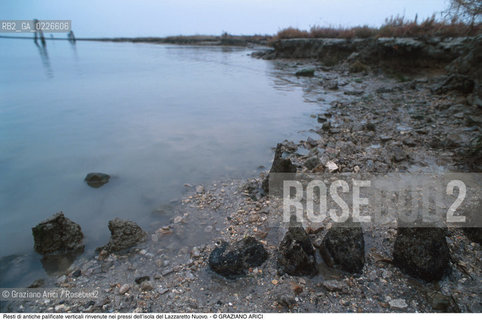 Caption: Nome:..ISOLA DEL LAZZARETTO NUOVO....Localizzazione:..VENEZIA / ISOLA DEL LAZZARETTO NUOVO / LAGUNA NORD..VENICE / THE ISLE OF LAZZARETTO NUOVO / THE NORTH LAGOON..Soggetto:..ISOLA DEL LAZZARETTO NUOVO / ..Resti di antiche palificate verticali rinvenute nei pressi dell’isola del Lazzaretto Nuovo..ARCHEOLOGIA..Cronologia:......Autore:.. ....Stile:......Editori Stampatori:......Committenza:......Materia e Tecnica:......Collocazione:..TESON GRANDO / ISOLA DEL LAZZARETTO NUOVO....Note:..NEL XV SEC. DIVENTA LAZZARETTO PER LESPURGO DELLE MERCI E SUCCESSIVAMENTE DELLE PERSONE SOSPETTE DI CONTAGIO. DOPO LA PESTILENZA DEL XVI SEC. VIENE ABBANDONATA E NEL 1800 DIVENTA ZONA MILITARE ..THE ISLAND BECAME A QUARANTINE STATION IN XVth CENTURY, FIRST FOR GOODS AND LATER FOR INDIVIDUALS SUSPECTED OF BEING INFECTED. AFTER THE PLAGUES OF THE XVIth CENTURY, THE ISLAND WAS ABANDONED AND IT BECAME A MILITARY POST IN 1800 ..Riproduzione Fotografica:..Graziano Arici/Rosebud2 ...Copyright:..Graziano Arici / rosebud2/....Data:..1999....Costo:..A....Key:..ISOLE ABBANDONATE..UNINHABITED ISLANDS
