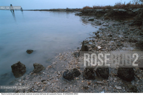 Caption: Nome:..ISOLA DEL LAZZARETTO NUOVO....Localizzazione:..VENEZIA / ISOLA DEL LAZZARETTO NUOVO / LAGUNA NORD..VENICE / THE ISLE OF LAZZARETTO NUOVO / THE NORTH LAGOON..Soggetto:..ISOLA DEL LAZZARETTO NUOVO / ..Resti di antiche palificate verticali rinvenute nei pressi dell’isola del Lazzaretto Nuovo...ARCHEOLOGIA..Cronologia:......Autore:.. ....Stile:......Editori Stampatori:......Committenza:......Materia e Tecnica:......Collocazione:..TESON GRANDO / ISOLA DEL LAZZARETTO NUOVO....Note:..NEL XV SEC. DIVENTA LAZZARETTO PER LESPURGO DELLE MERCI E SUCCESSIVAMENTE DELLE PERSONE SOSPETTE DI CONTAGIO. DOPO LA PESTILENZA DEL XVI SEC. VIENE ABBANDONATA E NEL 1800 DIVENTA ZONA MILITARE ..ARCHEOLOGIA..THE ISLAND BECAME A QUARANTINE STATION IN XVth CENTURY, FIRST FOR GOODS AND LATER FOR INDIVIDUALS SUSPECTED OF BEING INFECTED. AFTER THE PLAGUES OF THE XVIth CENTURY, THE ISLAND WAS ABANDONED AND IT BECAME A MILITARY POST IN 1800 ..Riproduzione Fotografica:..Graziano Arici/Rosebud2 ...Copyright:..Graziano Arici / rosebud2/....Data:..1999....Costo:..A....Key:..ISOLE ABBANDONATE..UNINHABITED ISLANDS