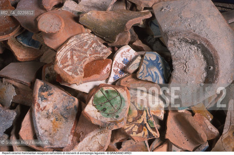 Caption: Nome:..ISOLA DEL LAZZARETTO NUOVO....Localizzazione:..VENEZIA / ISOLA DEL LAZZARETTO NUOVO / LAGUNA NORD..VENICE / THE ISLE OF LAZZARETTO NUOVO / THE NORTH LAGOON..Soggetto:..ISOLA DEL LAZZARETTO NUOVO / ..Reperti ceramici frammentari recuperati nell’ambito di interventi di archeologia lagunare....ARCHEOLOGIA..Cronologia:..SEC. XVII....Autore:.. ....Stile:......Editori Stampatori:......Committenza:......Materia e Tecnica:......Collocazione:..TESON GRANDO / ISOLA DEL LAZZARETTO NUOVO....Note:..NEL XV SEC. DIVENTA LAZZARETTO PER LESPURGO DELLE MERCI E SUCCESSIVAMENTE DELLE PERSONE SOSPETTE DI CONTAGIO. DOPO LA PESTILENZA DEL XVI SEC. VIENE ABBANDONATA E NEL 1800 DIVENTA ZONA MILITARE ..ARCHEOLOGIA..THE ISLAND BECAME A QUARANTINE STATION IN XVth CENTURY, FIRST FOR GOODS AND LATER FOR INDIVIDUALS SUSPECTED OF BEING INFECTED. AFTER THE PLAGUES OF THE XVIth CENTURY, THE ISLAND WAS ABANDONED AND IT BECAME A MILITARY POST IN 1800 ..Riproduzione Fotografica:..Graziano Arici/Rosebud2 ...Copyright:..Graziano Arici / rosebud2/....Data:..1999....Costo:..A....Key:..ISOLE ABBANDONATE..UNINHABITED ISLANDS