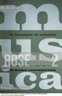 Nome:..XXIV FESTIVAL INTERNAZIONALE DI MUSICA CONTEMPORANEA ..Descrizione:..BIENNALE MUSICA / COPERTINA DEL PROGRAMMA DEL 1961..Credit:..ARCHIVIO STORICO DEL TEATRO LA FENICE/..Costo:..A..Nazione:..ITALIA..Città:..VENEZIA..Data:..1990....La cessione dei diritti di questa immagine si intende per quanto di nostra competenza. Non comprende invece le eventuali spese  relative a diritti che potranno essere richiesti dagli Enti o persone fisiche cui appartengono eventualmente i soggetti  ripresi. Tali costi, ove necessari, e l’espletamento di qualsivoglia pratica di richiesta di concessione del permesso di pubblicazione sono esclusivamente a carico e a cura del soggetto acquirente di questa immagine.