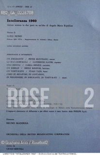 Nome:..INTOLLERANZA 1960..Descrizione:..MUSICA CONTEMPORANEA / FRONTESPIZIO DEL LIBRETTO DELLOPERA INTOLLERANZA 1960 DI LUIGI NONO RAPPRESENTATA IN PRIMA ASSOLUTA IL 13/04/1961..Credit:..ARCHIVIO STORICO DEL TEATRO LA FENICE/..Costo:..A..Nazione:..ITALIA..Città:..VENEZIA..Data:..1990....La cessione dei diritti di questa immagine si intende per quanto di nostra competenza. Non comprende invece le eventuali spese  relative a diritti che potranno essere richiesti dagli Enti o persone fisiche cui appartengono eventualmente i soggetti  ripresi. Tali costi, ove necessari, e l’espletamento di qualsivoglia pratica di richiesta di concessione del permesso di pubblicazione sono esclusivamente a carico e a cura del soggetto acquirente di questa immagine.