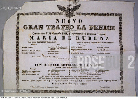 Nome: ..MARIA DI RUDENZ..Descrizione: ..LOCANDINA DELL OPERA MARIA DI RUDENZ DI GAETANO DONIZETTI RAPPRESENTATA IN PRIMA ASSOLUTA IL 31/01/1838 ..Credit:..ARCHIVIO STORICO DEL TEATRO LA FENICE/..Costo: ..A..Nazione: ..ITALIA..Città:..VENEZIA..Data: ..1987....La cessione dei diritti di questa immagine si intende per quanto di nostra competenza. Non comprende invece le eventuali spese  relative a diritti che potranno essere richiesti dagli Enti o persone fisiche cui appartengono eventualmente i soggetti  ripresi. Tali costi, ove necessari, e l’espletamento di qualsivoglia pratica di richiesta di concessione del permesso di pubblicazione sono esclusivamente a carico e a cura del soggetto acquirente di questa immagine.