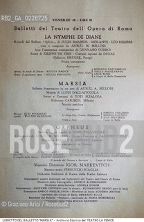 Nome:..MARSIA ..Descrizione:..MUSICA CLASSICA / LIBRETTO DEL BALLETTO DI AUREL A. MILLOSS CON MUSICA DI LUIGI DALLAPICCOLA RAPPRESENTATO IN PRIMA ASSOLUTA IL 10/09/1948 ALL XI FESTIVAL INTERNAZIONALE DI MUSICA CONTEMPORANEA..Credit:..ARCHIVIO STORICO DEL TEATRO LA FENICE/..Costo:..A..Nazione:..ITALIA..Città:..VENEZIA..Data:..1990....La cessione dei diritti di questa immagine si intende per quanto di nostra competenza. Non comprende invece le eventuali spese  relative a diritti che potranno essere richiesti dagli Enti o persone fisiche cui appartengono eventualmente i soggetti  ripresi. Tali costi, ove necessari, e l’espletamento di qualsivoglia pratica di richiesta di concessione del permesso di pubblicazione sono esclusivamente a carico e a cura del soggetto acquirente di questa immagine.