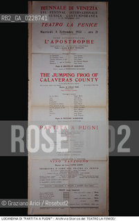 Nome:..PARTITA A PUGNI ..Descrizione:..BIENNALE / LOCANDINA DELL OPERA PARTITA A PUGNI DI VIERI TOSATTI RAPPRESENTATA IN PRIMA ASSOLUTA L 8/09/1953 AL XVI FESTIVAL INTERNAZIONALE DI MUSICA CONTEMPORANEA..Credit:..ARCHIVIO STORICO DEL TEATRO LA FENICE/..Costo:..A..Nazione:..ITALIA..Città:..VENEZIA..Data:..1990....La cessione dei diritti di questa immagine si intende per quanto di nostra competenza. Non comprende invece le eventuali spese  relative a diritti che potranno essere richiesti dagli Enti o persone fisiche cui appartengono eventualmente i soggetti  ripresi. Tali costi, ove necessari, e l’espletamento di qualsivoglia pratica di richiesta di concessione del permesso di pubblicazione sono esclusivamente a carico e a cura del soggetto acquirente di questa immagine.