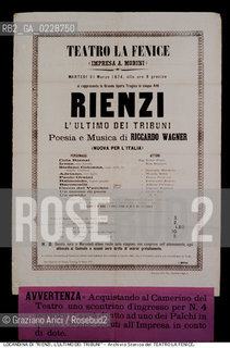 Nome: ..RIENZI, LULTIMO DEI TRIBUNI..Descrizione: ..LOCANDINA DEL 1874 DELL OPERA RIENZI, LULTIMO DEI TRIBUNI DI RICHARD WAGNER ..Credit:..ARCHIVIO STORICO DEL TEATRO LA FENICE/..Costo: ..A..Nazione: ..ITALIA..Città:..VENEZIA..Data: ..1987....La cessione dei diritti di questa immagine si intende per quanto di nostra competenza. Non comprende invece le eventuali spese  relative a diritti che potranno essere richiesti dagli Enti o persone fisiche cui appartengono eventualmente i soggetti  ripresi. Tali costi, ove necessari, e l’espletamento di qualsivoglia pratica di richiesta di concessione del permesso di pubblicazione sono esclusivamente a carico e a cura del soggetto acquirente di questa immagine.